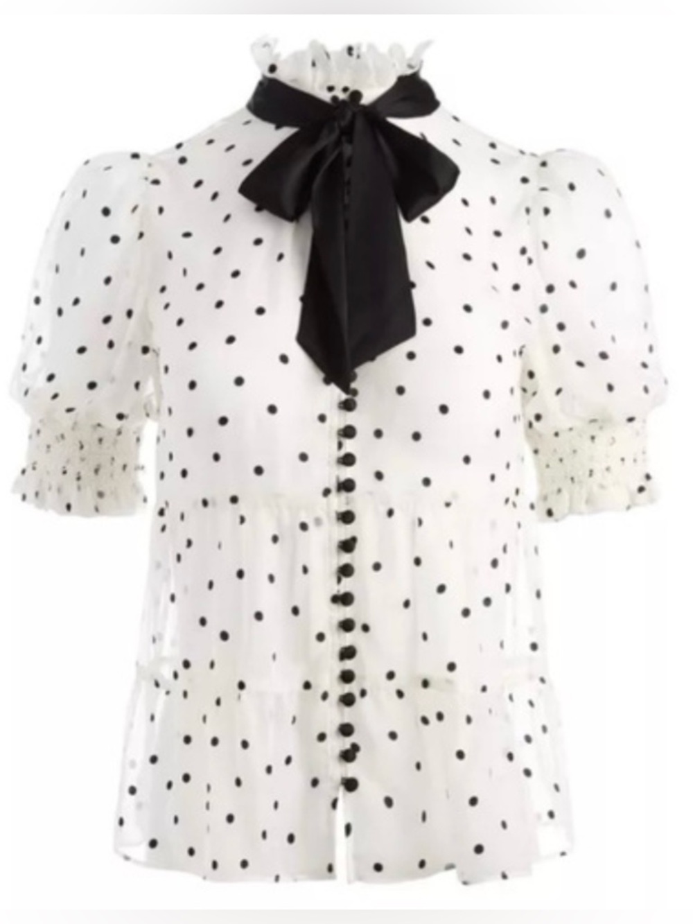 ALICE + OLIVIA Silk Blend Vicky Short Sleeve Polka Dot Blouse Black White SP